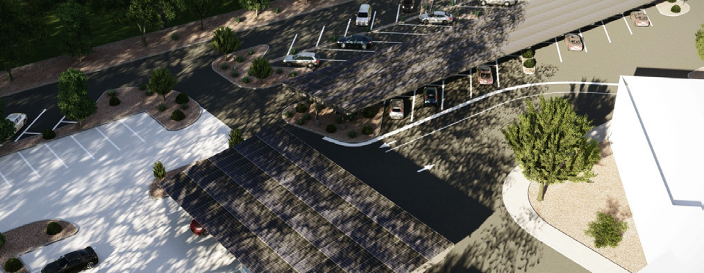 Aerial rendering showing the solar canopy arrays across the parking areas