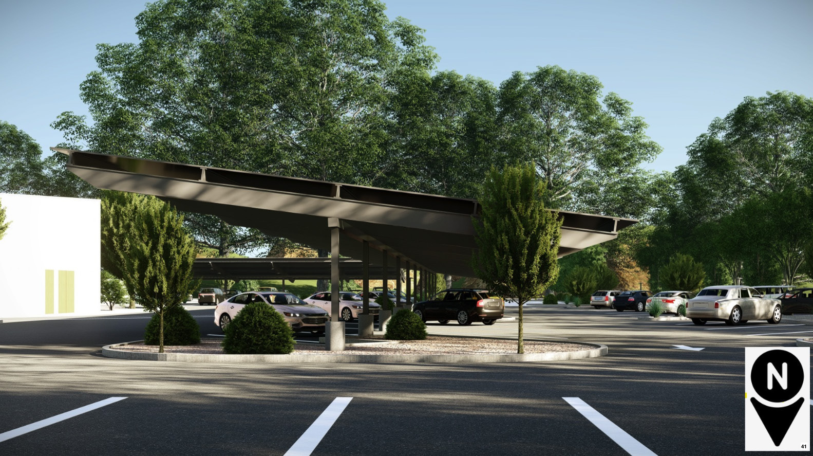 Rendering of an elevated solar parking canopy over a parking lot