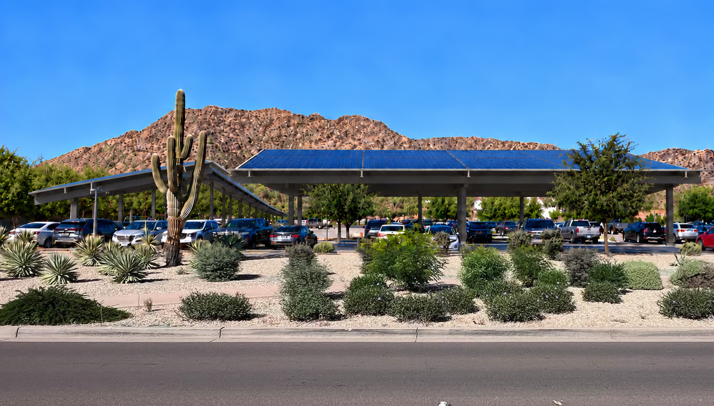 Rendering of large solar canopies in front of Paradise Valley's mountain view